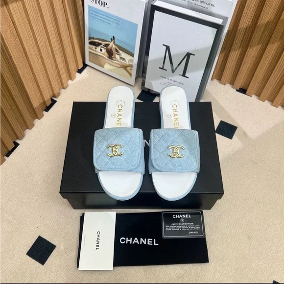 CHANEL Light Blue Slide Sandals - Picture 3 of 4